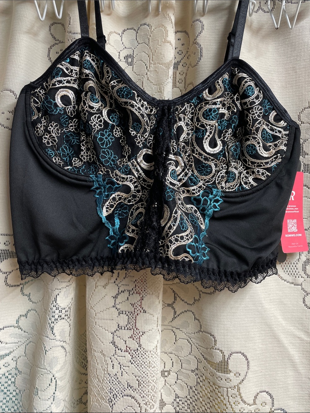 ROMWE Black Longline Bralette with Teal and Cream Embroidery 2XLG NWT